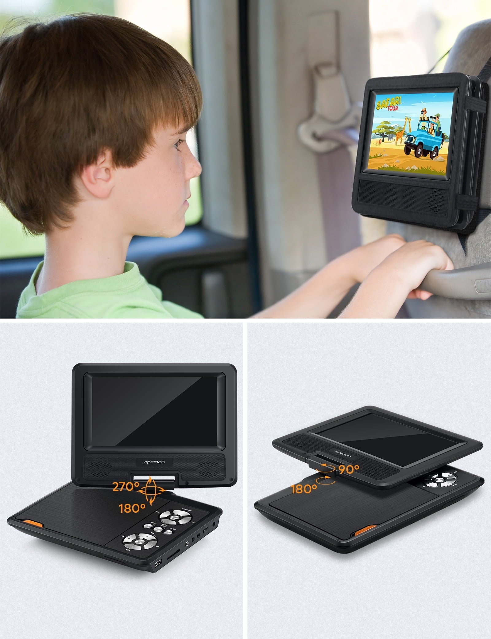 7.5'' Portable DVD Player for Car and Kids Support USB & SD Cards 5 Hours Internal Battery Car DVD Player with Car Charger, Black