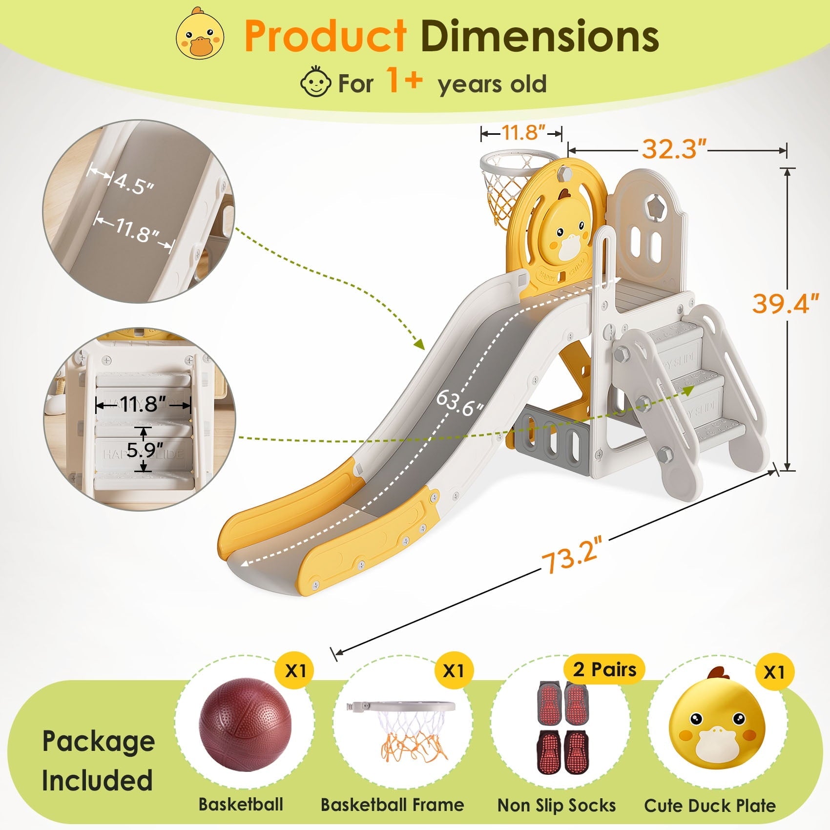 Suteck 5 in 1 Toddler Slide, Slide for Toddlers Age 1-3 with Basketball Hoop and Ball, Slide for Kids, Indoor Outdoor Backyard Playground Cute Duck Theme Baby Slide Toy Yellow