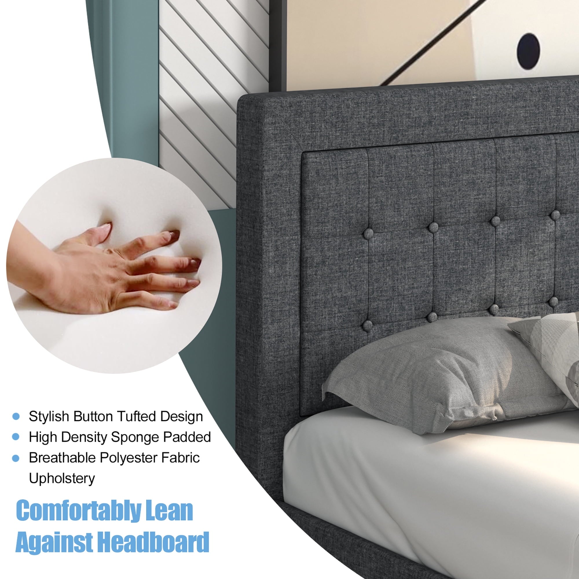 Costway Twin Size Upholstered Bed Frame Button Tufted Headboard Mattress Foundation Grey
