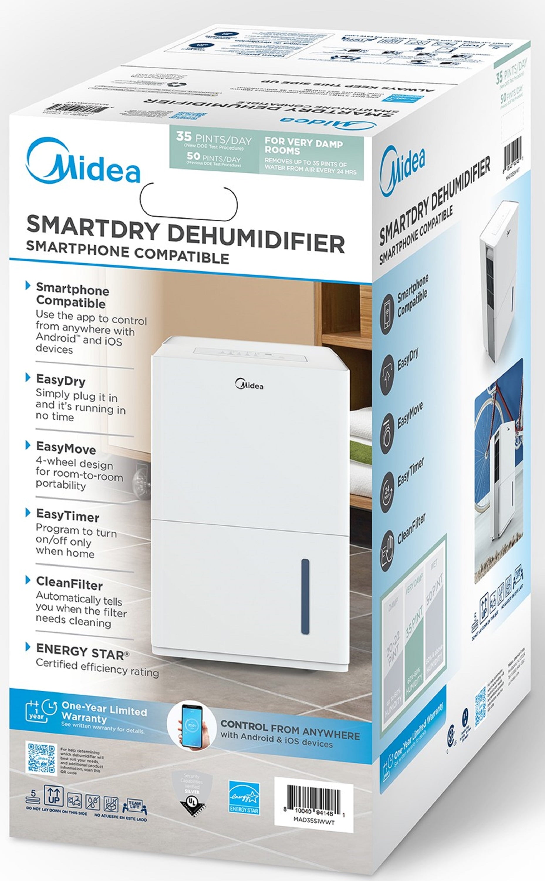 Restored Midea 35-Pint Energy Star Smart Dehumidifier for Very Damp Rooms, White, MAD35S1WWT (Refurbished)
