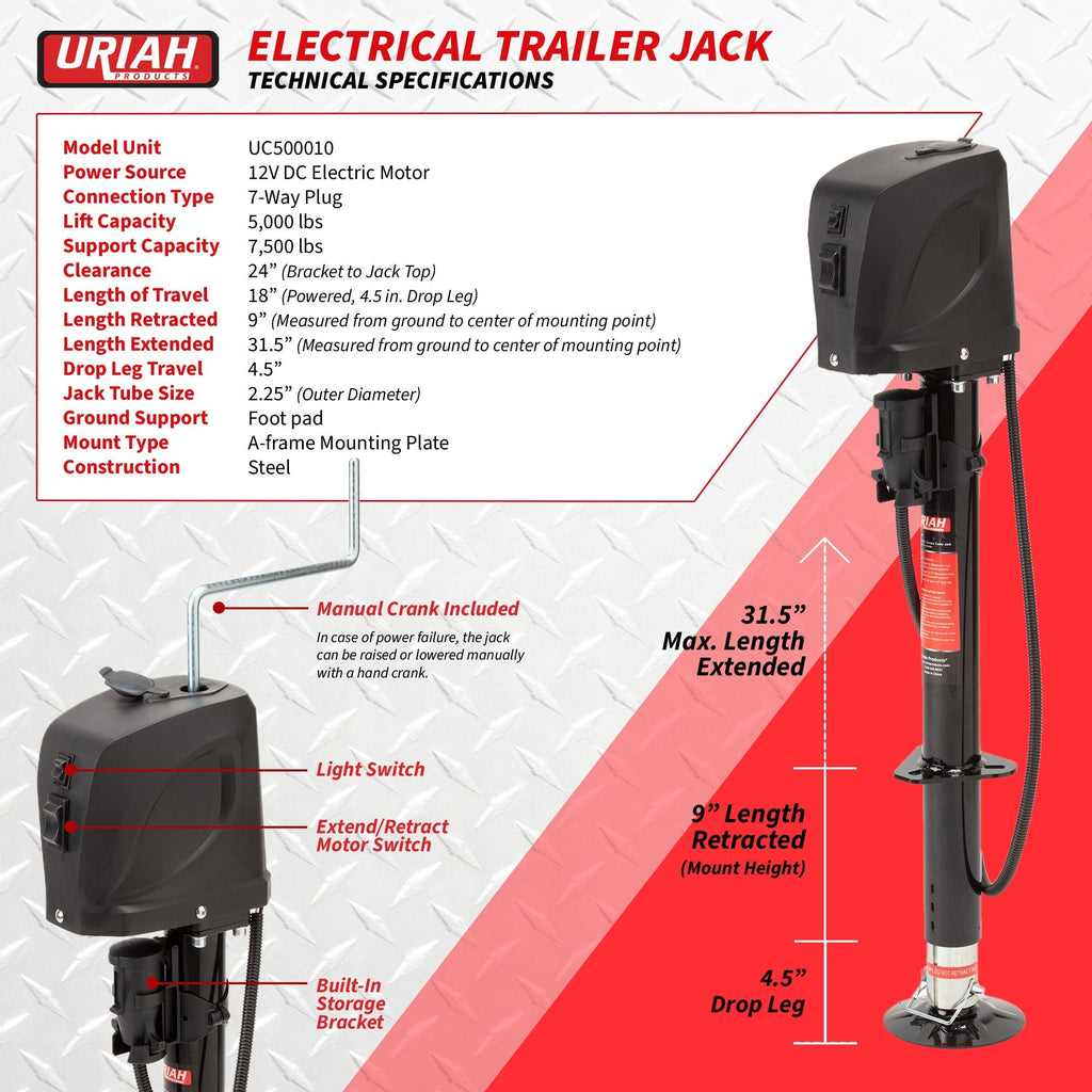 Uriah Products Electric 7 Way Connector 5000lb Lift Capacity Trailer Jack