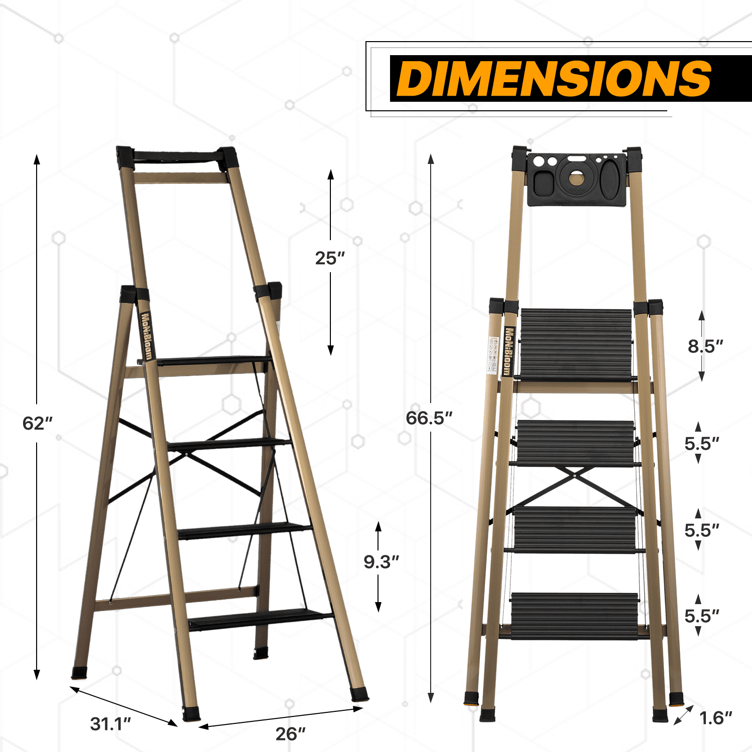 MoNiBloom 4 Step Ladder Folding Stool Heavy Duty 331Lbs Capacity Industrial Lightweight, Black/Gold