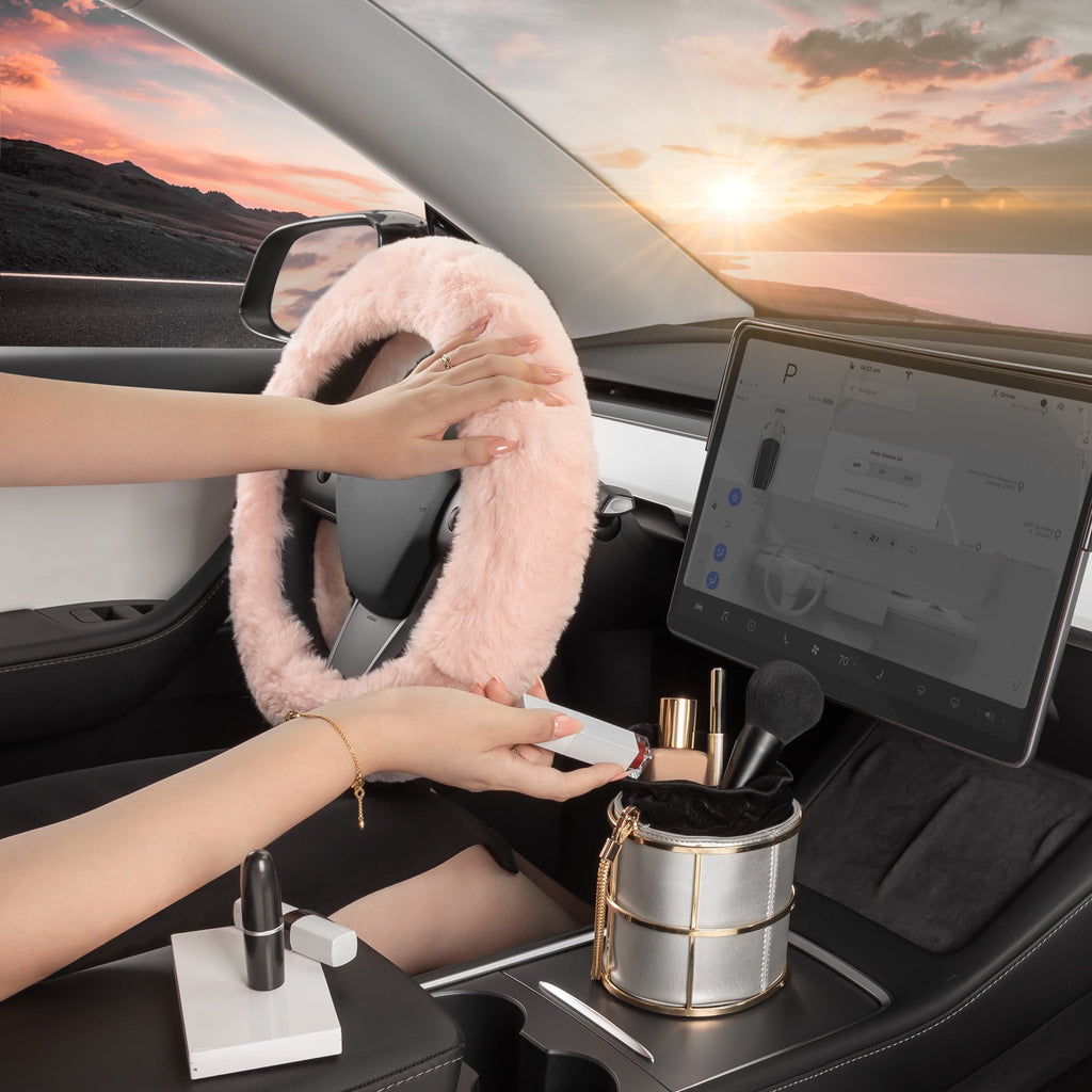 Carbella Soft Pink Faux Fur Steering Wheel Cover for Women, Standard 15 Inch Size Fits Cars Trucks SUV