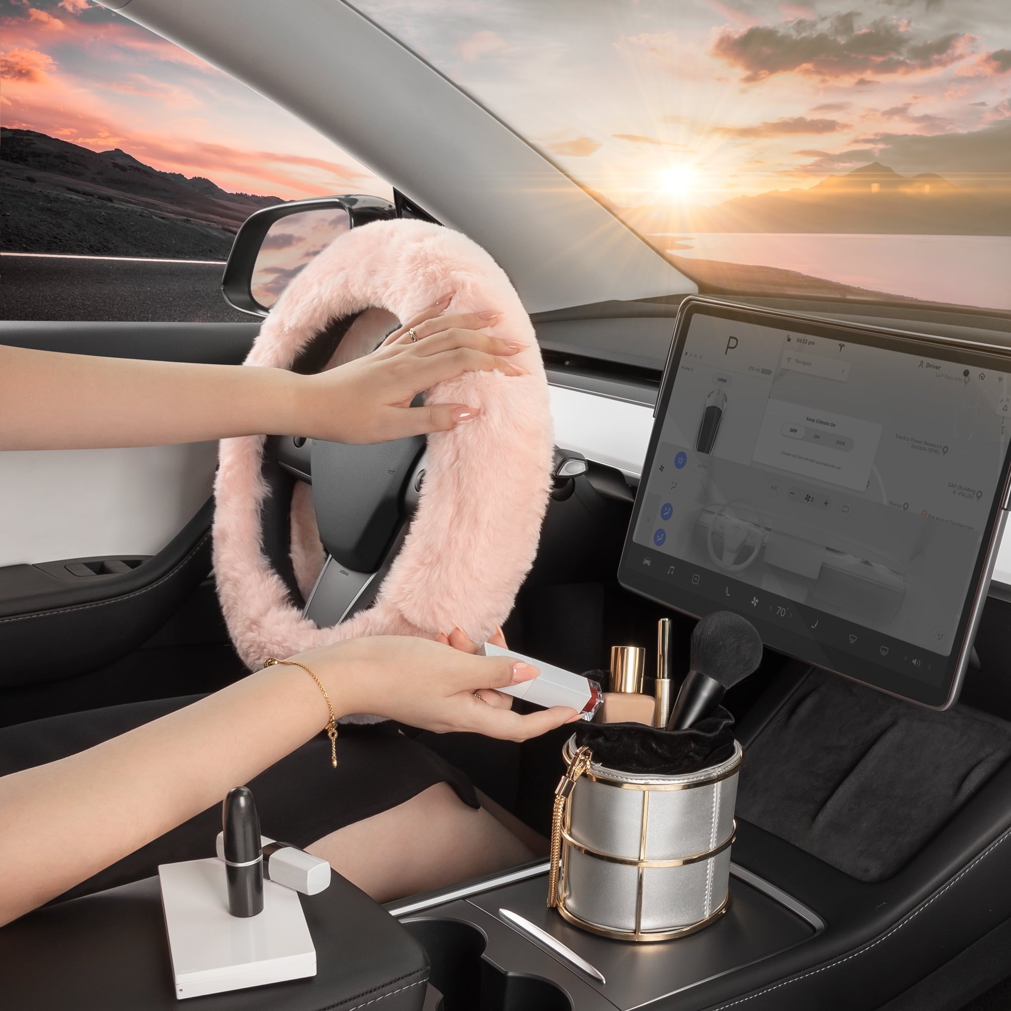 Carbella Soft Pink Faux Fur Steering Wheel Cover for Women, Standard 15 Inch Size Fits Cars Trucks SUV
