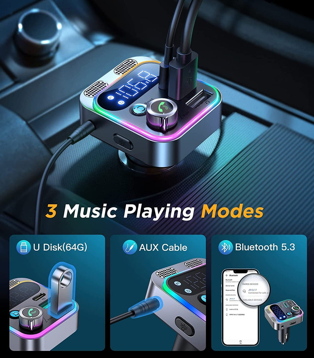JOYROOM Bluetooth Car Adapter, Bluetooth 5.3 Wireless FM Transmitter for Car, PD & QC 3.0 USB Charger, AUX Handsfree Car Kit MP3 Player, Support U Disk