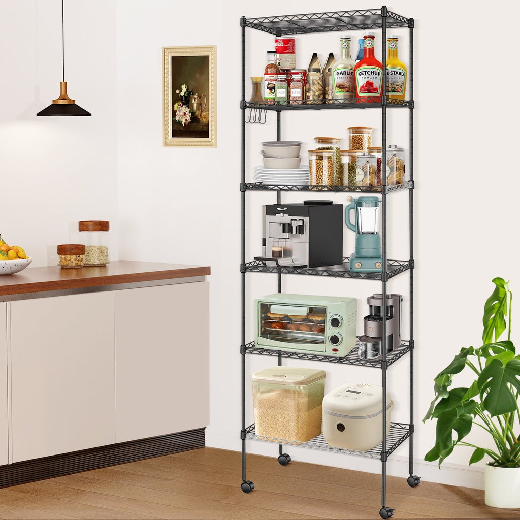 6-Tier Shelf Rack Wire Shelving Unit Storage Height Adjsutable Metal Shelf with 4 Side Hooks, 260lbs Capacity Free Standing Rack Organization for Kitchen Bedroom Garage