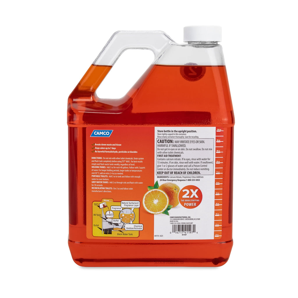 Camco TST MAX RV Toilet Treatment | Features a Biodegradable Septic Safe Formula and Orange Citrus Scent |  Ideal for Camping, Boating, and More | 1-Gallon (41197)