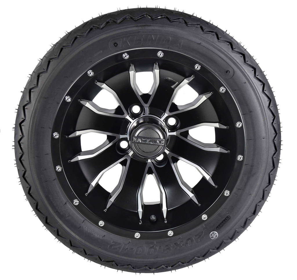 Kenda K389 20x9-12 Golf Cart Turf Front Rear Tire & 12x7 4/101.6 -47 (4x4) Black Wheel Kit for Non-Lifted Golf Carts or Golf Carts with 1"-3" Lift Kit 20x9x12
