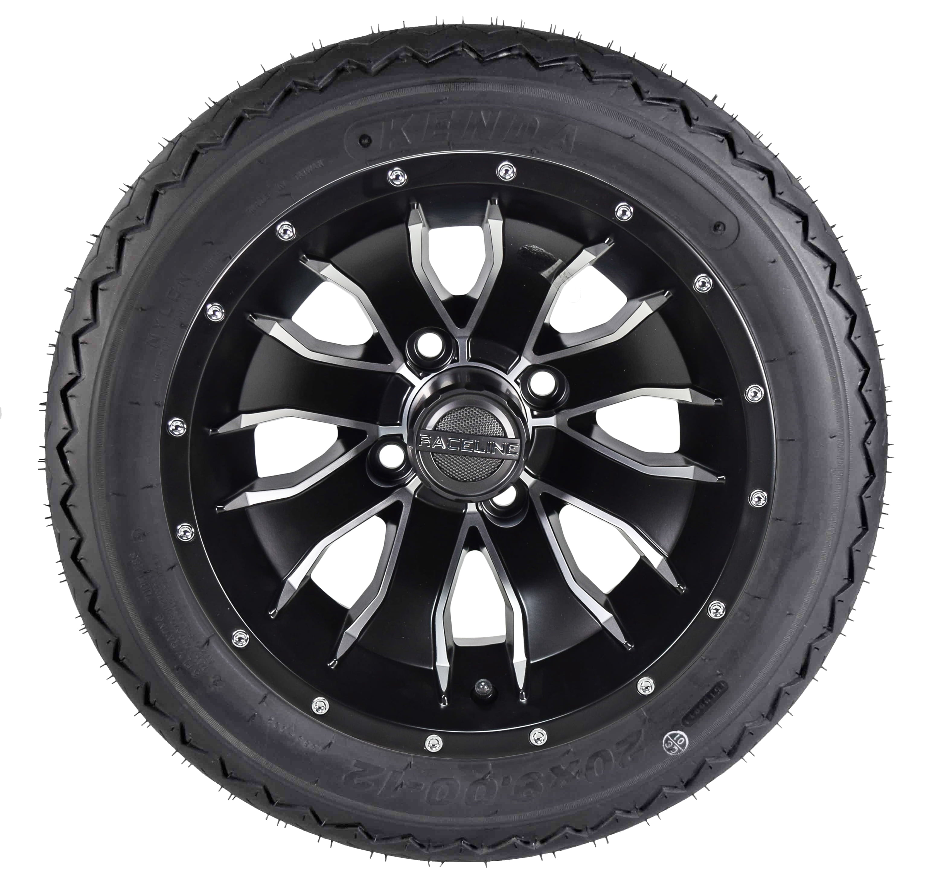 Kenda K389 20x9-12 Golf Cart Turf Front Rear Tire & 12x7 4/101.6 -47 (4x4) Black Wheel Kit for Non-Lifted Golf Carts or Golf Carts with 1"-3" Lift Kit 20x9x12