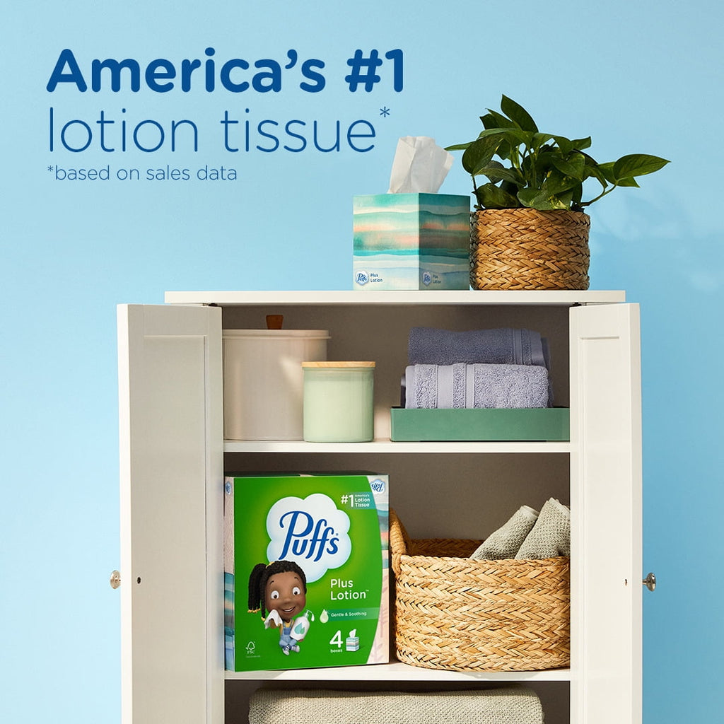 Puffs Plus Lotion Facial Tissues, 4 Family Box, 124 White Tissues per Box