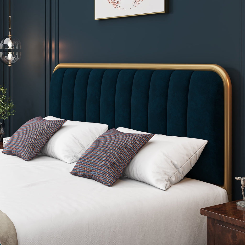 Homfa King Size Bed Frame, Round Metal Tube Heavy Duty Bed Frame with Tufted Upholstered Headboard, Gold and Blue