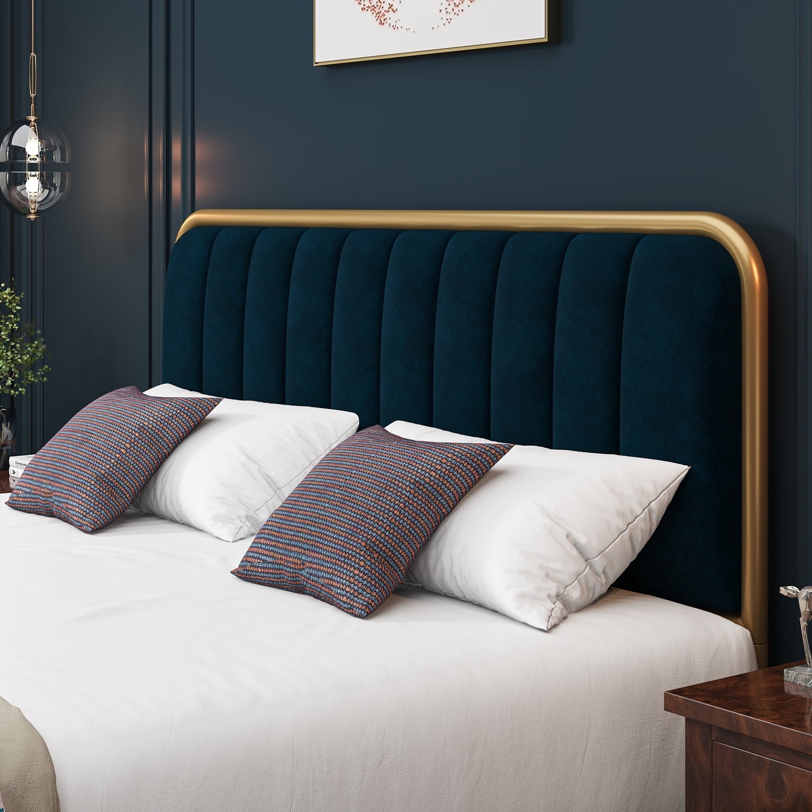 Homfa King Size Bed Frame, Round Metal Tube Heavy Duty Bed Frame with Tufted Upholstered Headboard, Gold and Blue