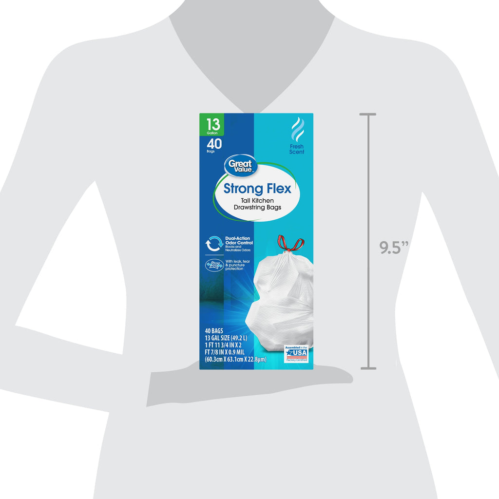 Great Value Strong Flex 13-Gallon Drawstring Tall Kitchen Trash Bags, Fresh Scent, 40 Bags