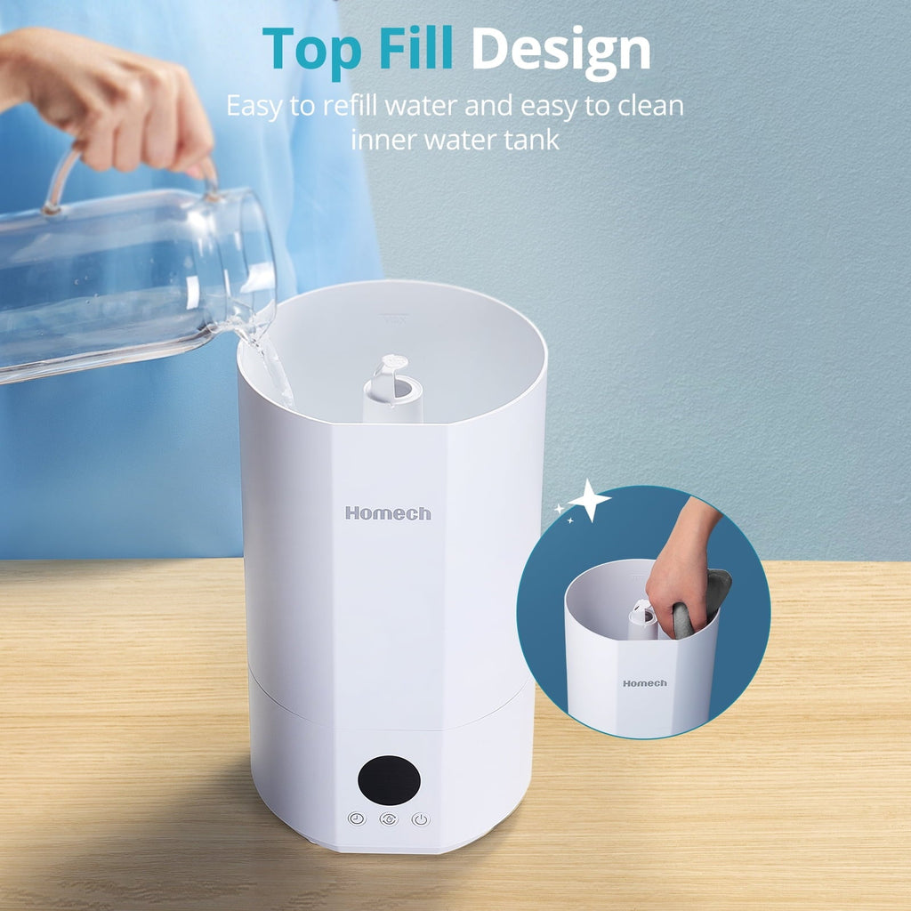 Homech Humidifier Top Fill(1 Gal/4L)Cool Mist Quiet Ultrasonic Air Humidifier with 12H Timer, AI Mode Adjustable 3 Mist Level, White