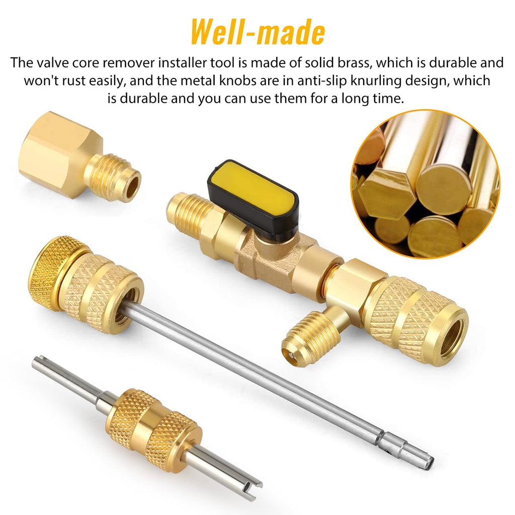 Valve Core Remover Installer Tool, EEEkit Dual Size SAE 1/4 and 5/16 Port Air Conditioning Line Repair Tools for HVAC R22 R410A, 5 Valve Cores with Teflon Seal
