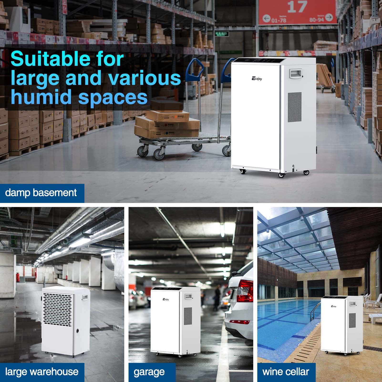 Rocita Dehumidifiers for Basements with Drain Hose, 180 Pints Commercial Dehumidifiers with 2.11 Gal. Water Tank Space Up to 2300 Sq Ft