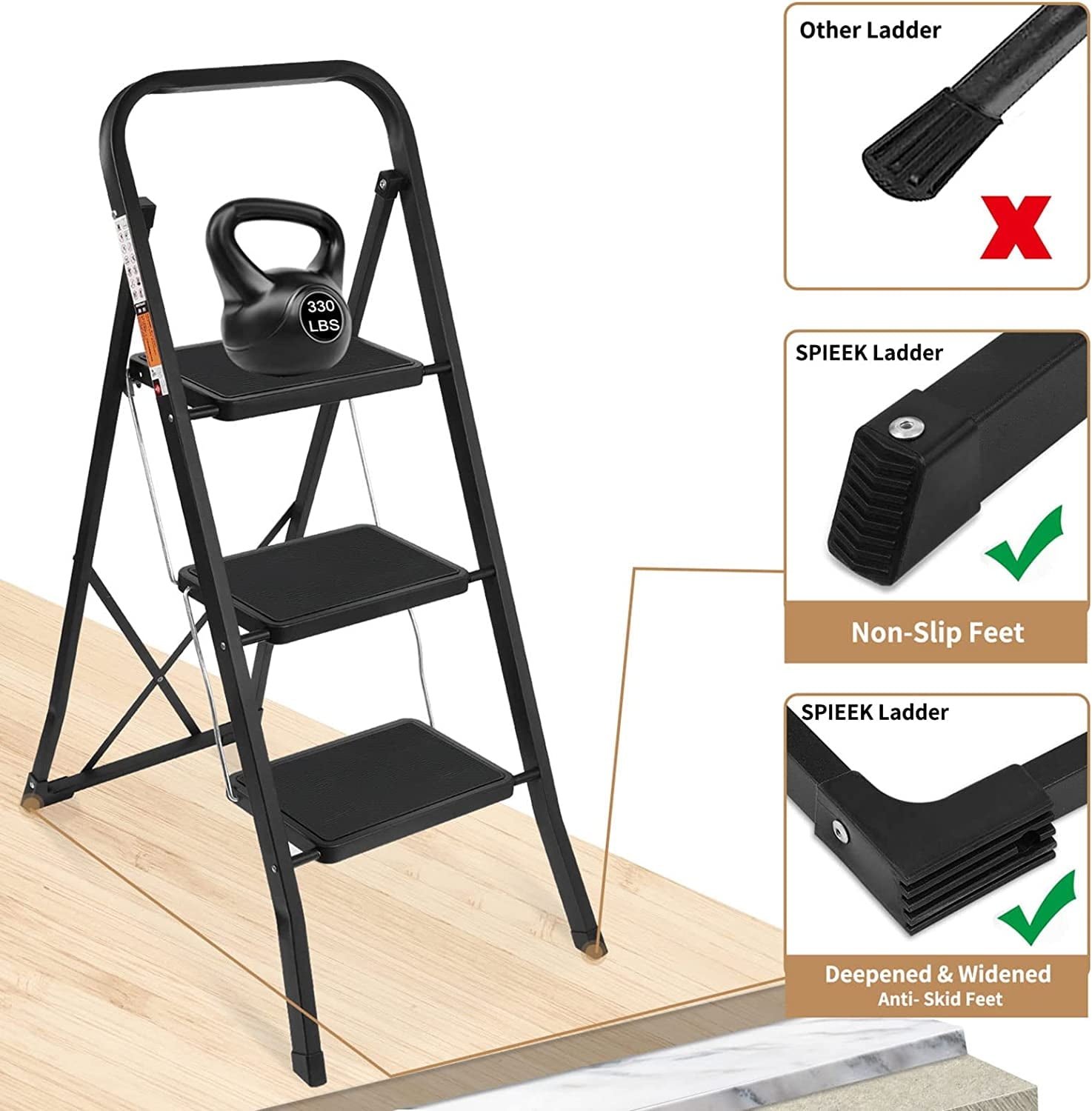 Coolhut 3 Step Ladder, Folding Step Stool with Wide Anti-Slip Pedal, 330lbs Capacity Portable Lightweight Ladders for Home Kitchen Outdoor, Black