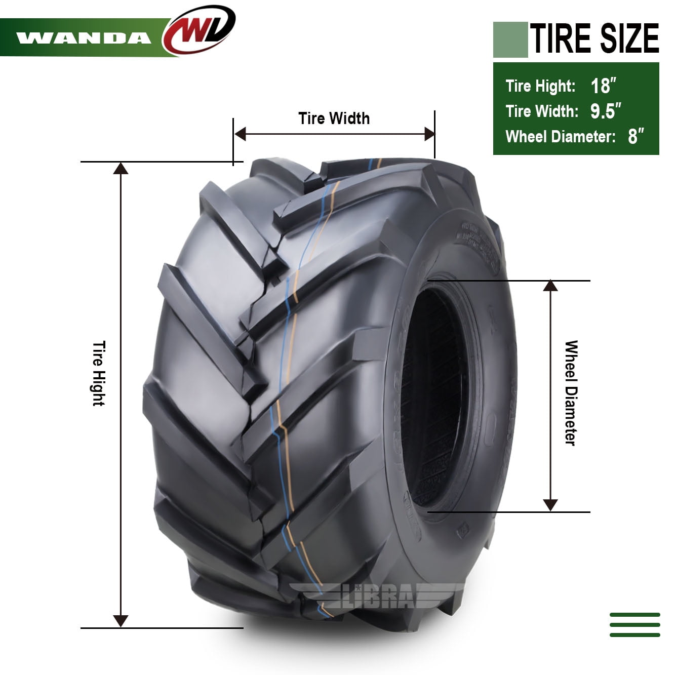 WANDA 18x9.5-8 Lawn Mower Agriculture Farm Tractor Cart Turf Tires 6 ply 18x9.5x8 -Set 2 -13070