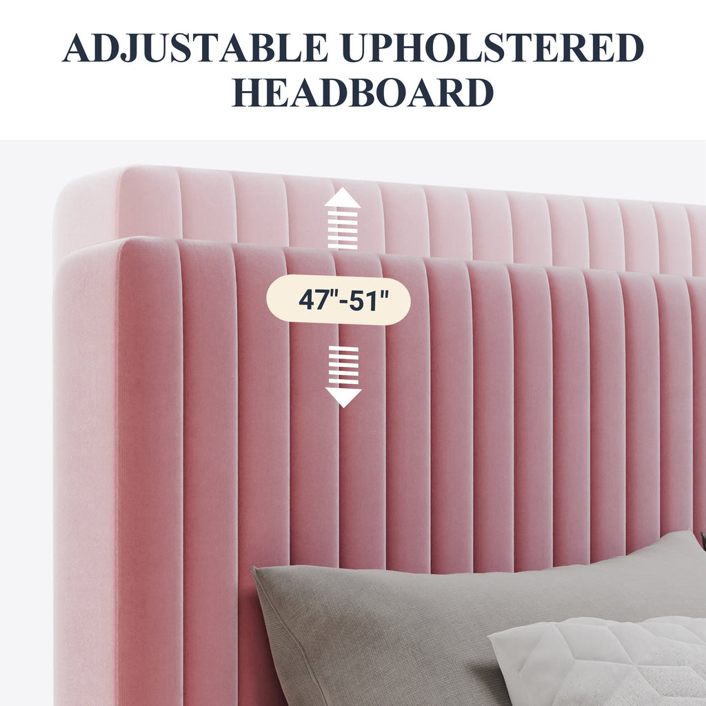 SHA CERLIN Pink Queen Size Upholstered Platform Bed Frame with Adjustable Channel Velvet Headboard, Adult