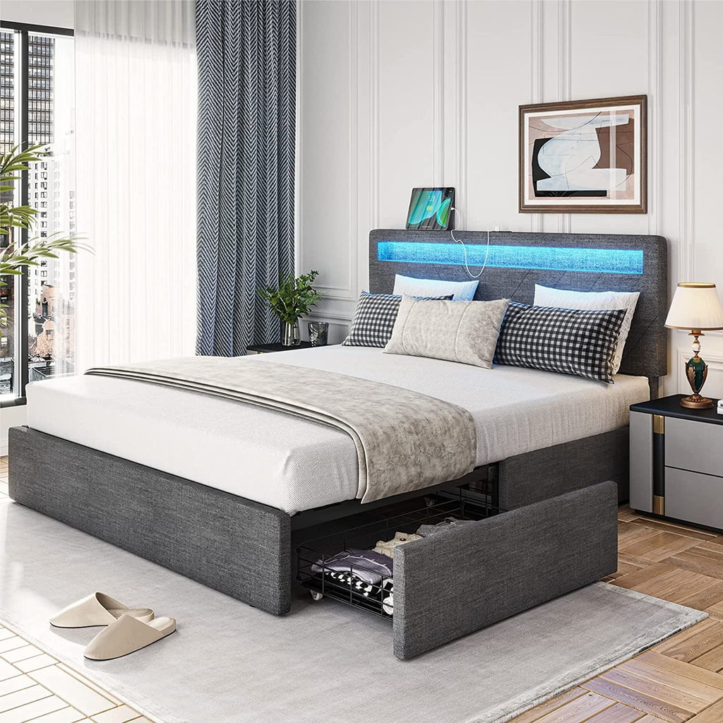 Adorneve Queen Bed Frame with LED Lights Headboard, 4 Drawers,2 USB Charging Station, Upholstered Platform Bed, Dark Gray