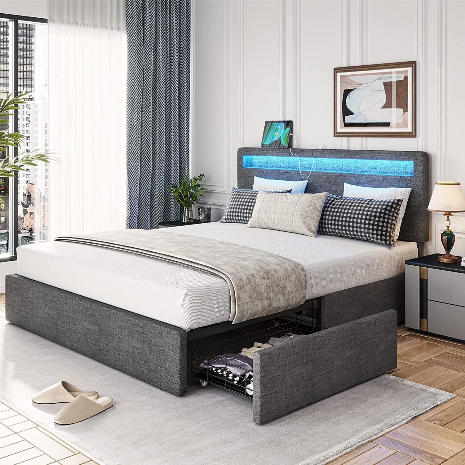 Adorneve Queen Bed Frame with LED Lights Headboard, 4 Drawers,2 USB Charging Station, Upholstered Platform Bed, Dark Gray