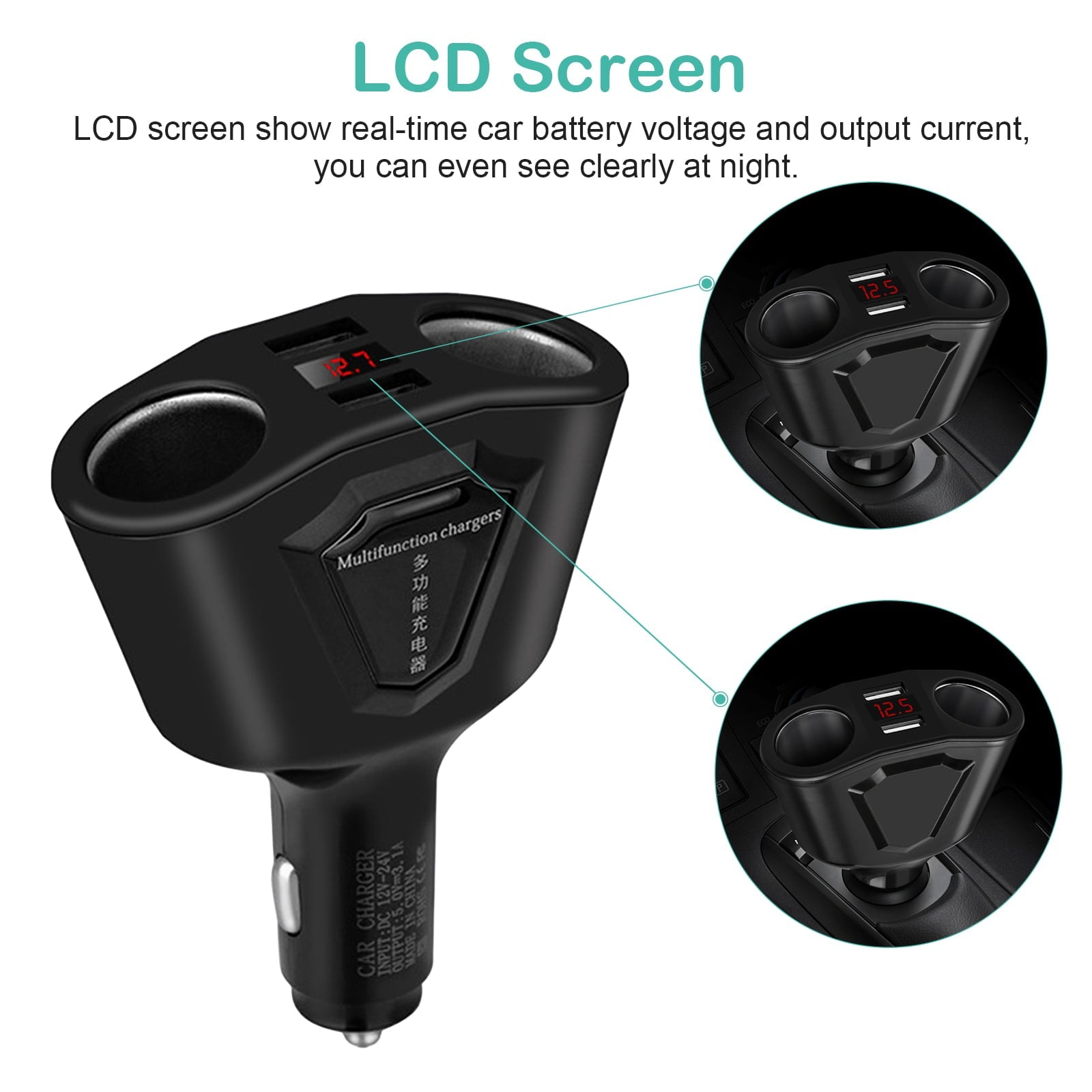2 Socket Cigarette Lighter Splitter, TSV 120W Cigarette Lighter Adapter, Car Charger with Dual USB Ports 3.1A Outport for GPS/Dash Cam/Phone/Pad