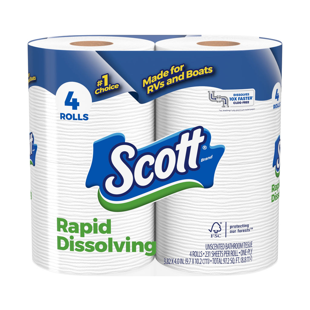 Scott Rapid-Dissolving Toilet Paper, 4 Double Rolls, 231 Sheets Per Roll (924 Total)