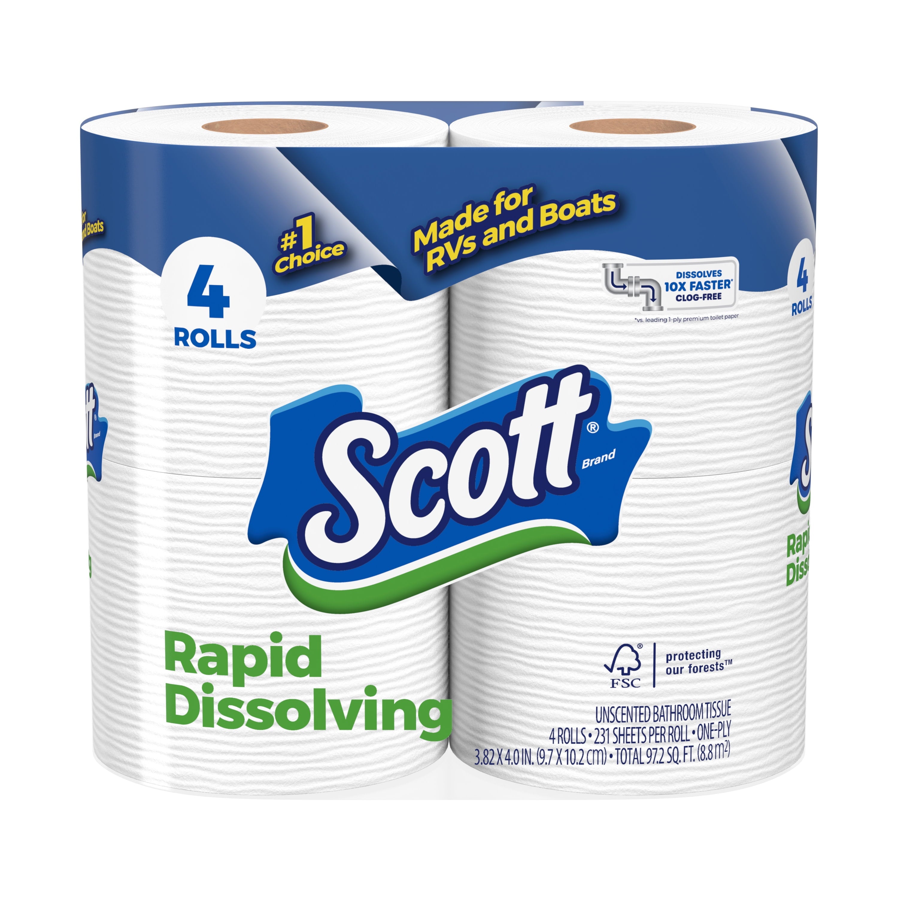 Scott Rapid-Dissolving Toilet Paper, 4 Double Rolls, 231 Sheets Per Roll (924 Total)