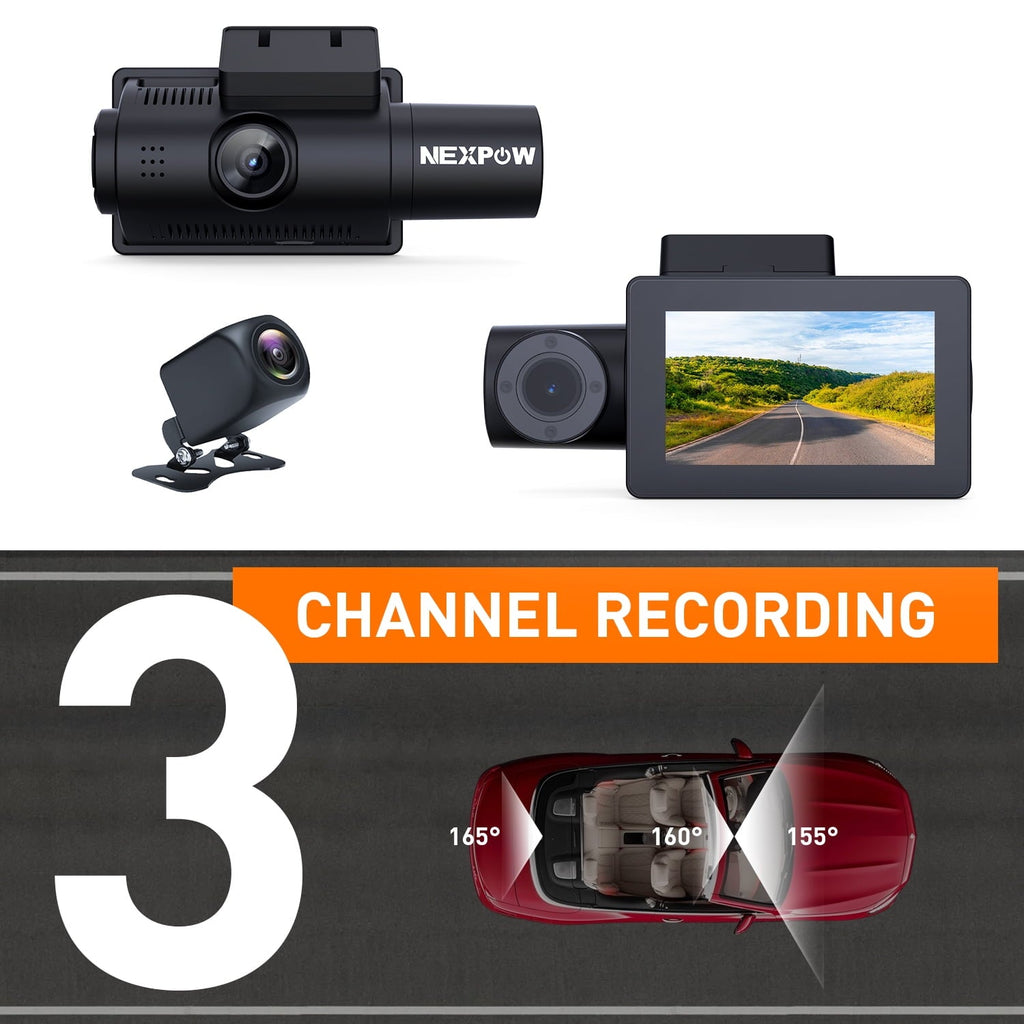 NEXPOW Car Dash Cam 3 Channel, 4k Dash Camera Front and Rear, Dashcam Three Way with 3" LCD Screen, Triple Car Camera with IR Night Vision, Loop Recording, G-Sensor, Parking Monitor