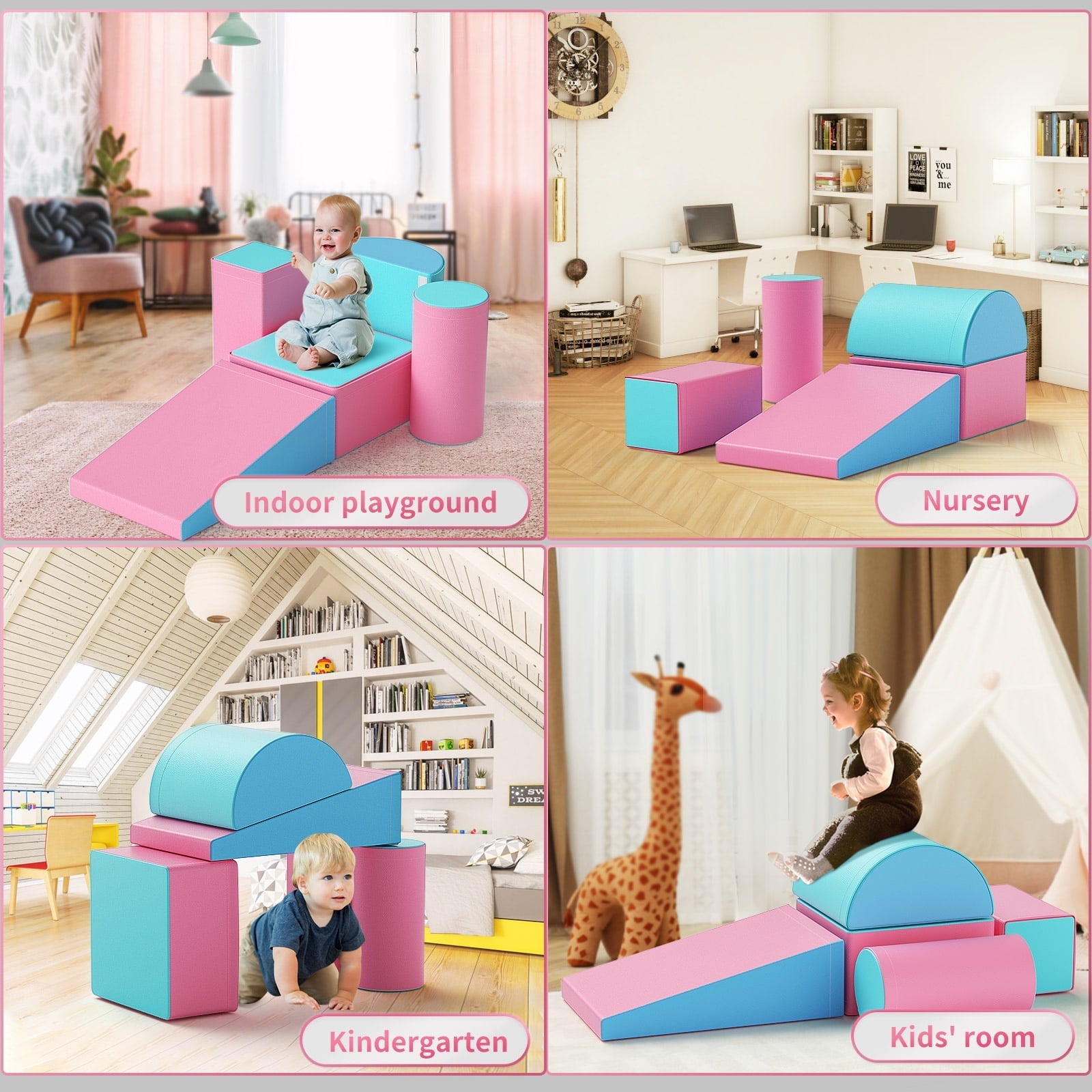 Climb and Crawl Activity Play Set, Soft Foam Climber 5-Piece Sets Crawl and Climb Foam, Toddler Climbing Toys Indoor with Slide Stairs and Ramp Indoor Climbing Toys for Kids and Child(Light Blue&Pink)