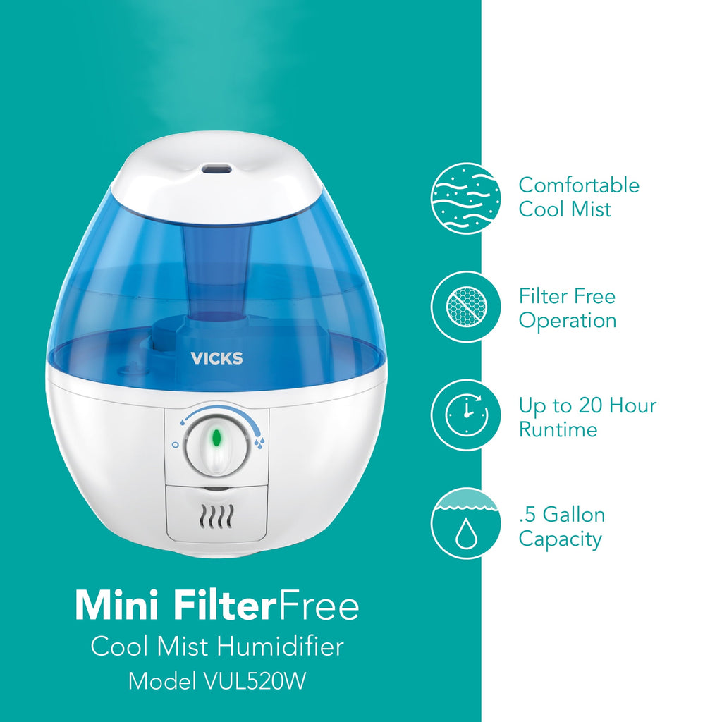 Vicks Mini Filter-Free Cool Mist Humidifier, 250 sq ft, White, VUL520W