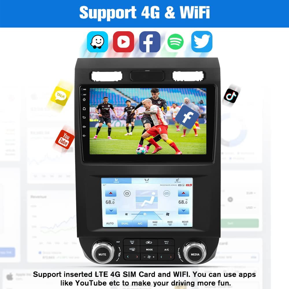 AWESAFE Dual Screen Car Radio Stereo for Ford F150 2015 2016 2017 2018 2019 2020 , Touch Screen Car Navigation with Digital AC Climate, Built in Carplay/Android Auto/4G WiFi (4G+64GB)