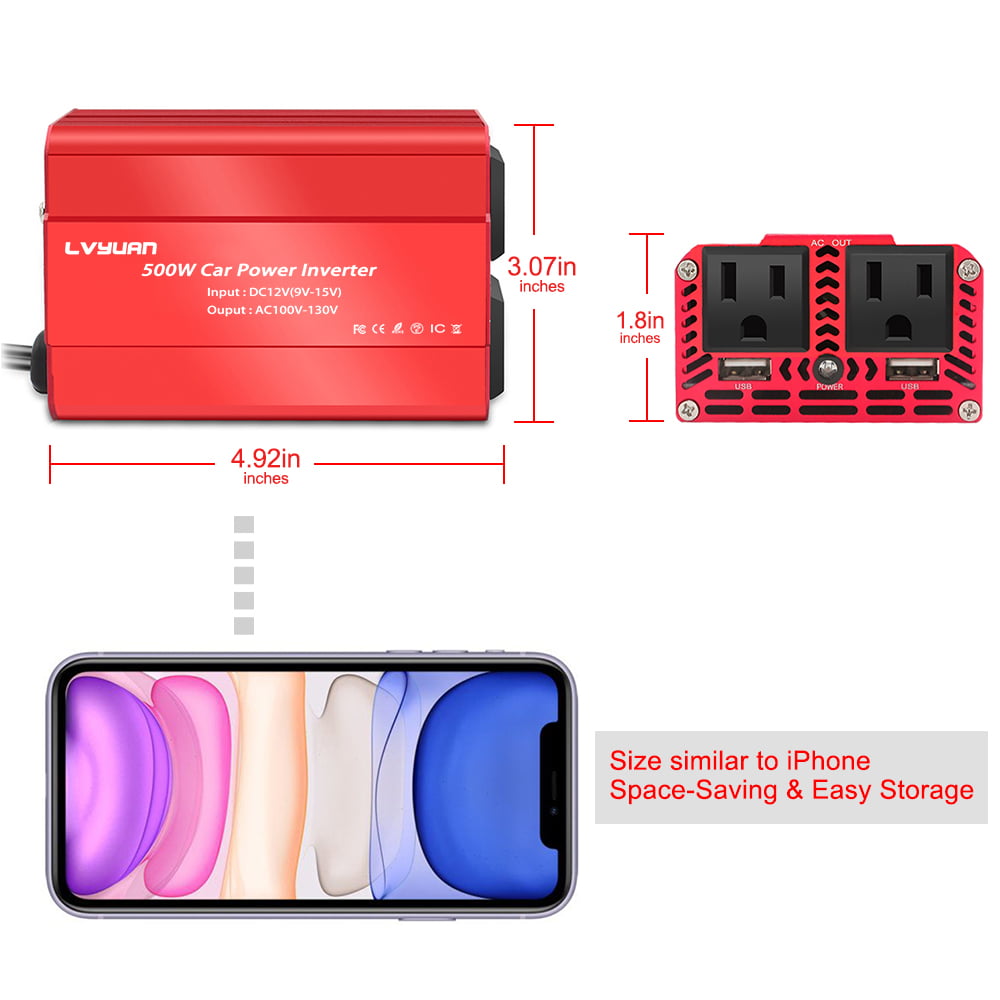 LVYUAN 500 Watts Power Inverter Converter DC 12V to AC 110V Car Inverter 2USB Car Adapter
