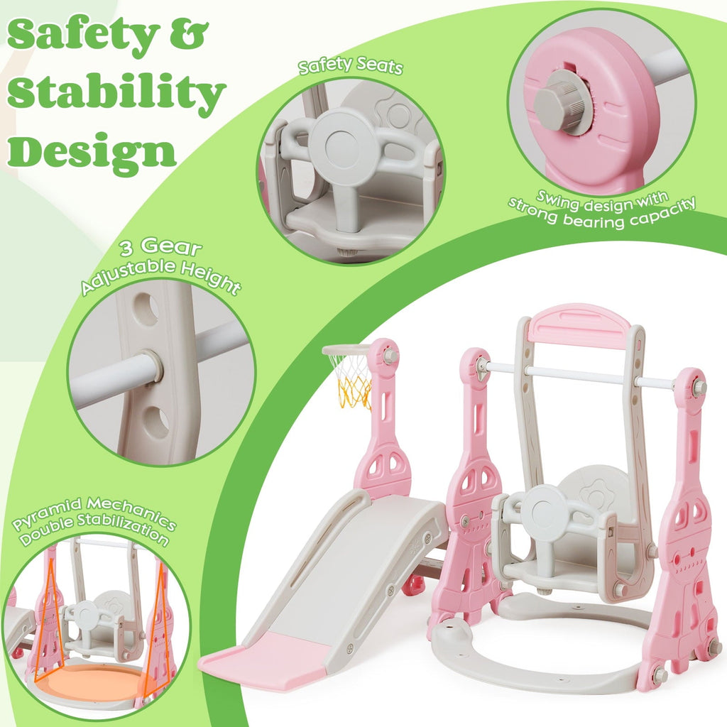 Ealing   4 in 1  Slide and Swing Set for Toddler  Indoor and Outdoor Baby Slide Climber Playset  with Basketball Hoop &  Backyard Playground Swing Slide for Boys and Girl Slide length: 11.02' L Pink