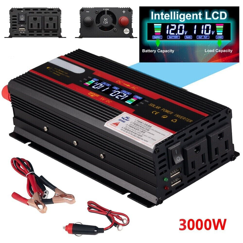 JahyShow 3000W/4000W(Peak) Car Power Inverter DC 12V to 110V AC Converter with LCD Display Outlets and Dual USB Car Charger for Car Home Laptop Truck