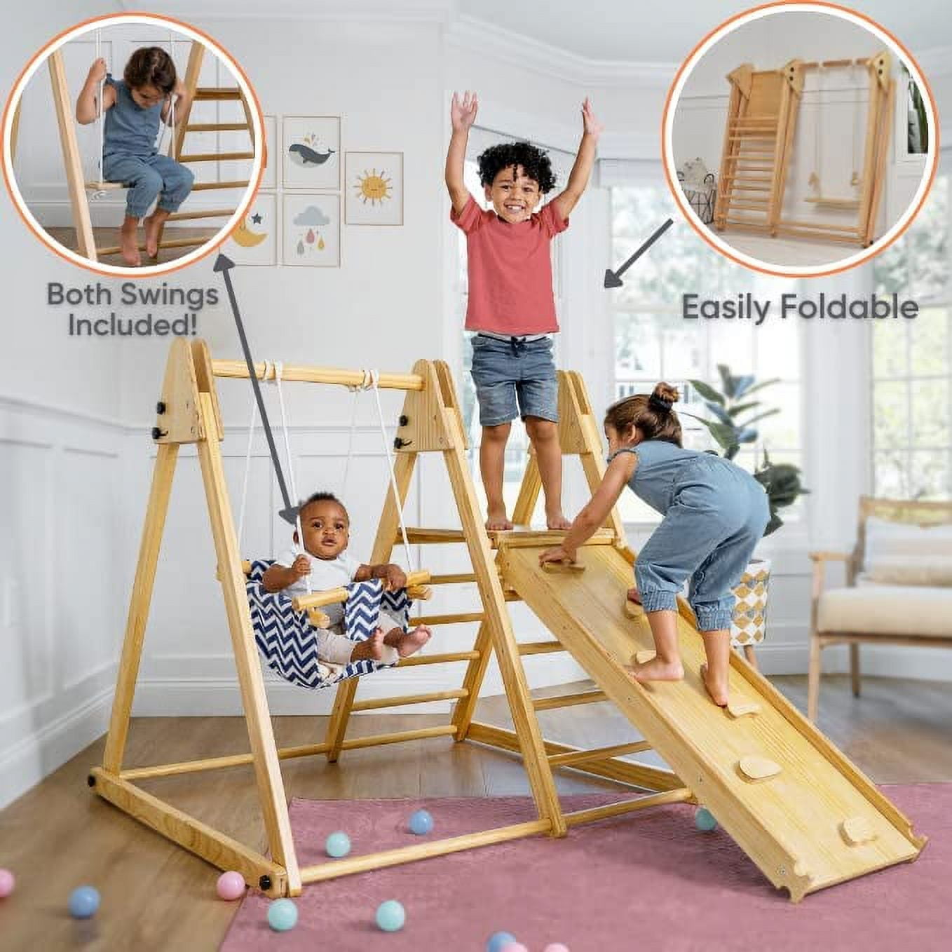 Avenlur Juniper Montessori Toddler Playset Indoor Playground Folding Gym, Interchangeable Baby/Toddler Swing 5 in 1 Multifunctional Foldable, Ladder Climber, Slide, Rock Climbing Kids Ages 1yr - 5yrs