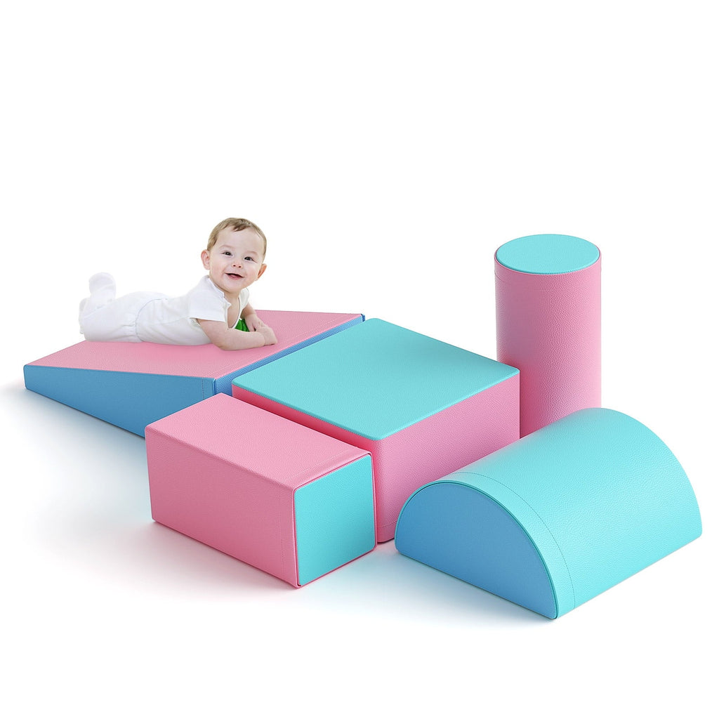 Climb and Crawl Activity Play Set, Soft Foam Climber 5-Piece Sets Crawl and Climb Foam, Toddler Climbing Toys Indoor with Slide Stairs and Ramp Indoor Climbing Toys for Kids and Child(Light Blue&Pink)
