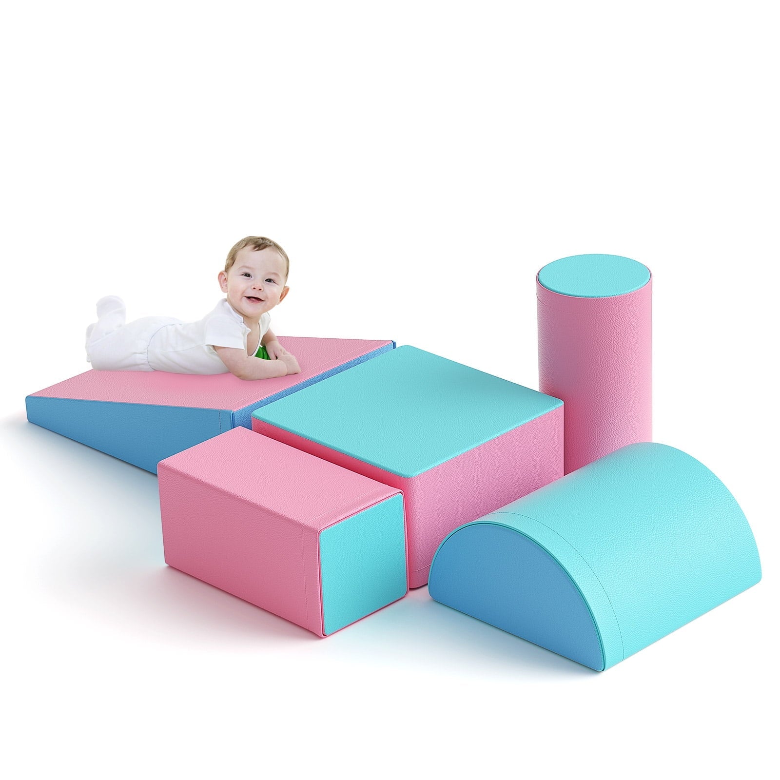 Climb and Crawl Activity Play Set, Soft Foam Climber 5-Piece Sets Crawl and Climb Foam, Toddler Climbing Toys Indoor with Slide Stairs and Ramp Indoor Climbing Toys for Kids and Child(Light Blue&Pink)