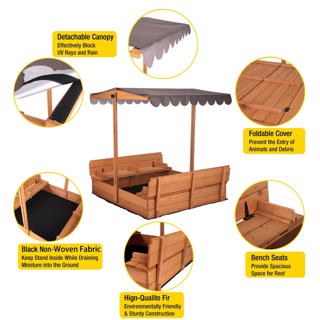 Morgete 47'' Outdoor Sandbox for Kids with Lid and Bench, Wooden Sand Play Toys Center