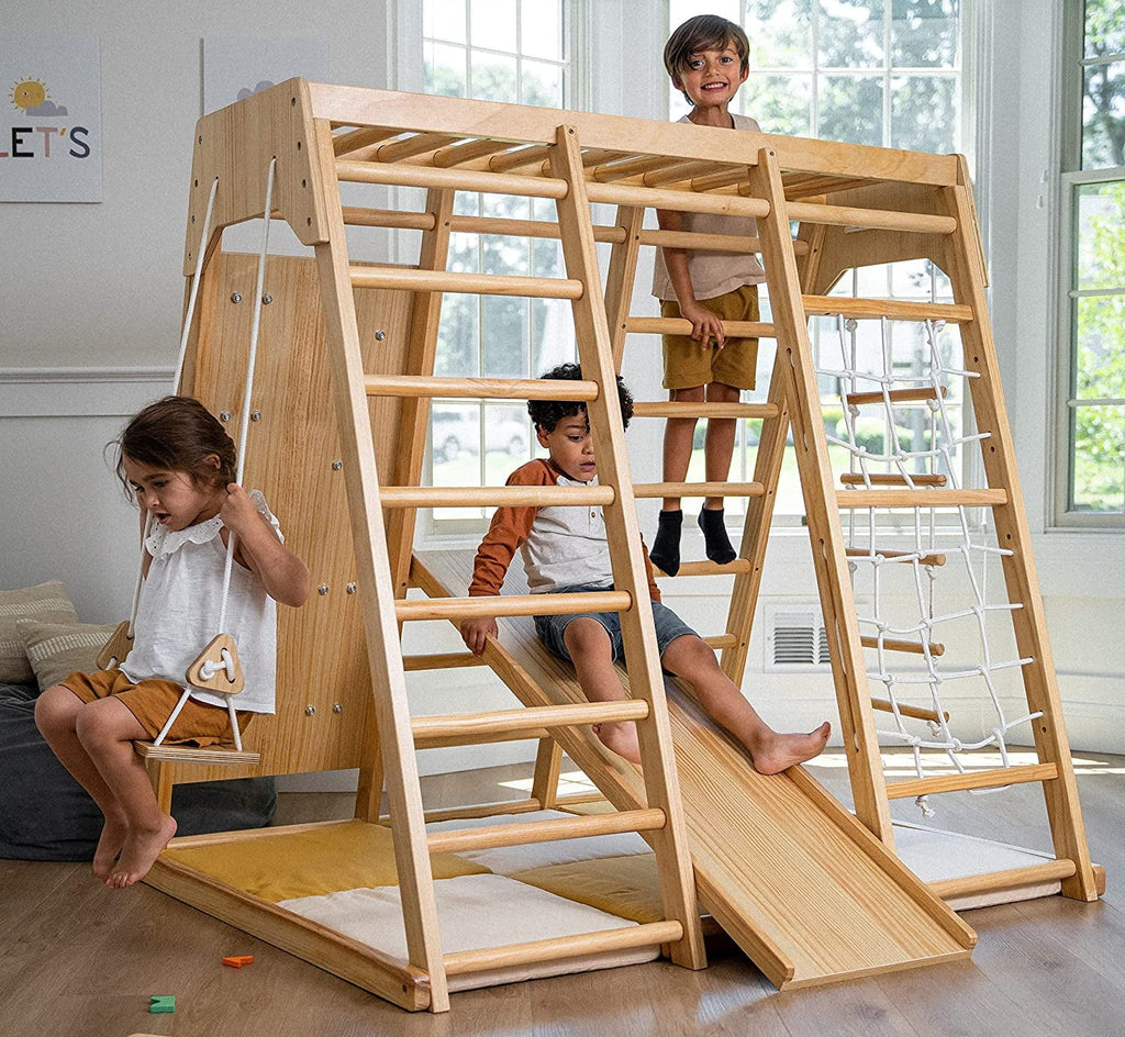 Avenlur Indoor Toddler and Child Indoor Gym Playground Climber - Real Wooden Playset 6-in-1 Slide, Rock Climb Wall, Rope Wall Climbing, Monkey Bars, Swing, Ladder Fun Gym for Children