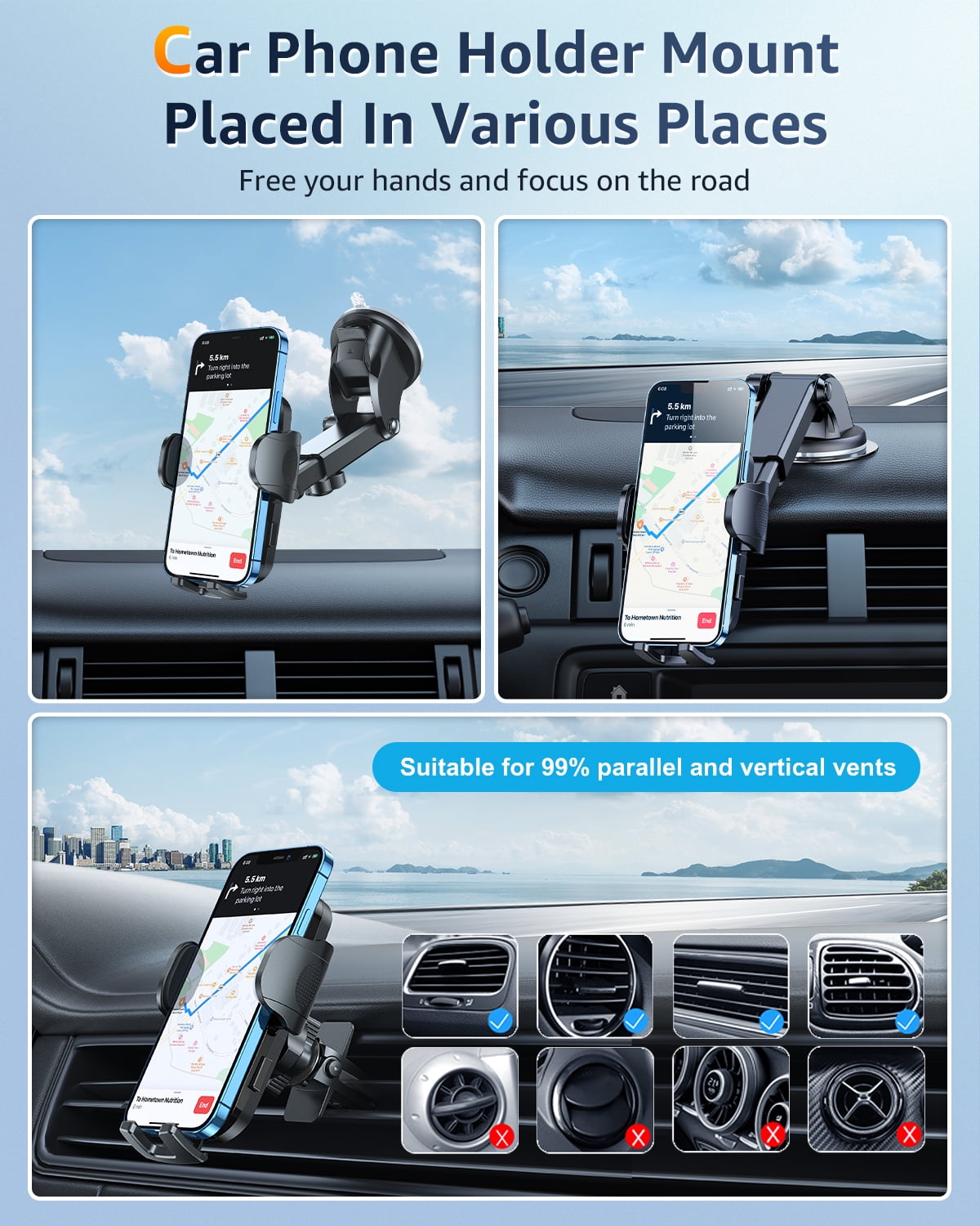 2023 Military-Grade Super Suction & Stable  Universal Car Phone Mount Humixx, Car Holder for Dashboard Air Vent Windshield, 360  Rotatable Long Arm Cell Phone Holder for All Mobile Phones