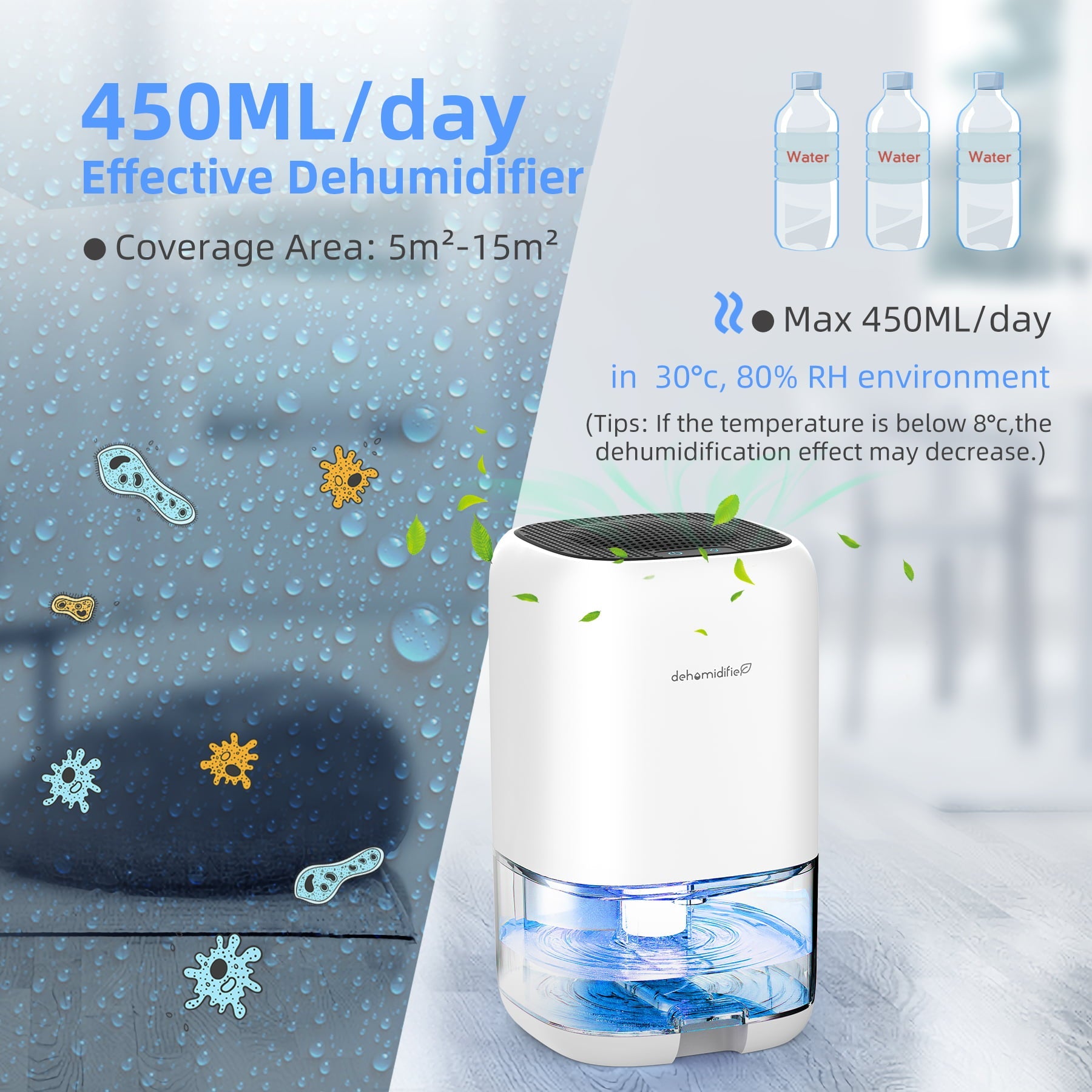 KLOUDIC Dehumidifier Portable and Ultra Quiet with Automatic Defrosting for Home 1000ML(2200 Cubic Feet)