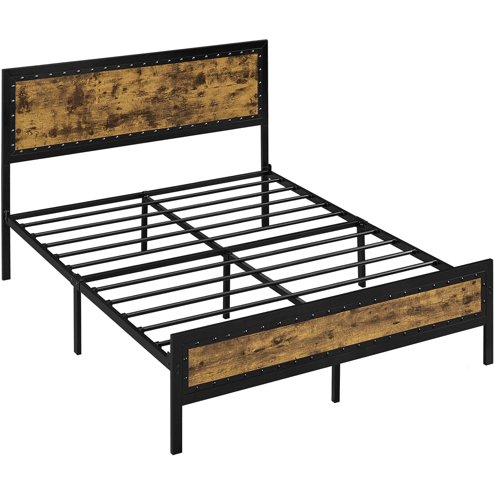 Topeakmart Industrial Metal Bed Frame with Wooden Headboard and Footboard, Queen Size, Rustic Brown