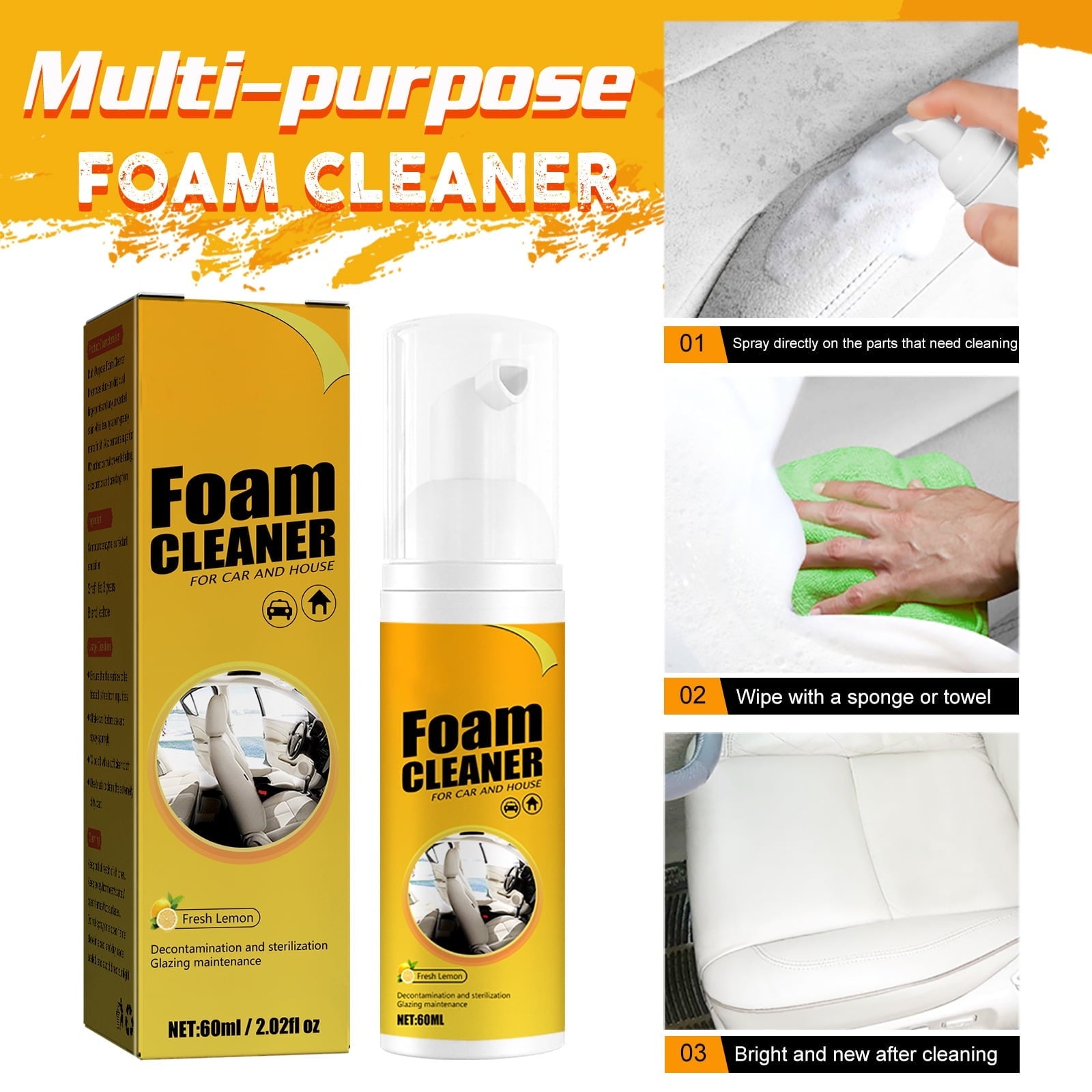 Multi-functional Car Foam Cleaner,100ml No Flushing Car Interior Cleaning, Grease-Free Cleaner, All Purpose Foam Cleaner Spray for Car House Kitchen (3 pcs)