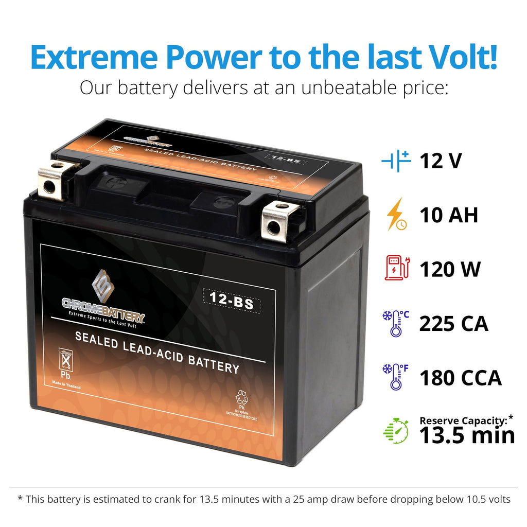Chrome Battery Ytx12-bs (12-bs 12 Volts,10 Ah, 180 Cca) Motorcycle Battery for Suzuki Vl800 Intruder Volusia, Boulevard C50, T, M50 800cc - Year (2001 - 2017)