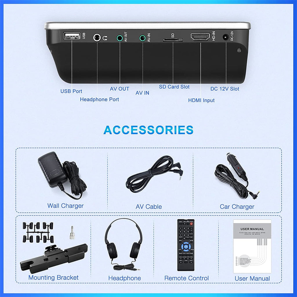 NAVISKAUTO 10.1" Portable DVD Player for Car with Headrest Mount Bracket HDMI Input Region Free Last Memory