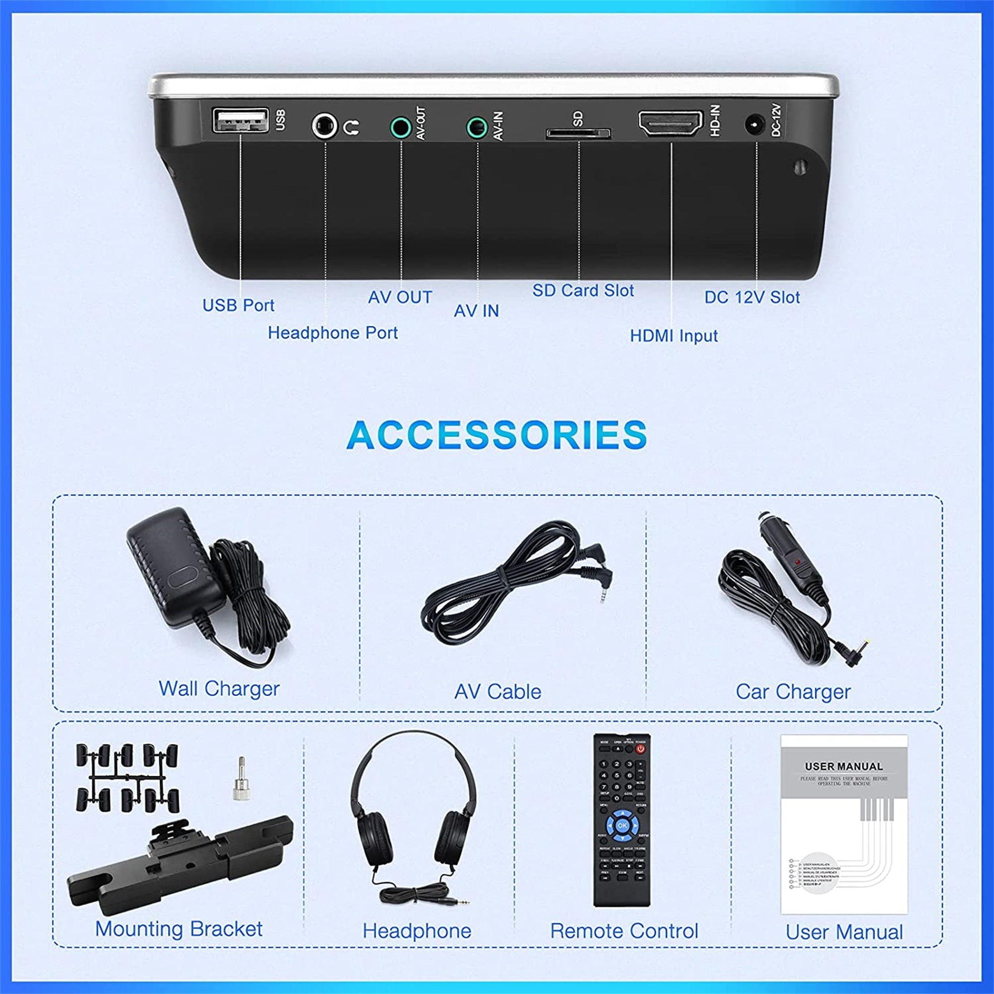 NAVISKAUTO 10.1" Portable DVD Player for Car with Headrest Mount Bracket HDMI Input Region Free Last Memory