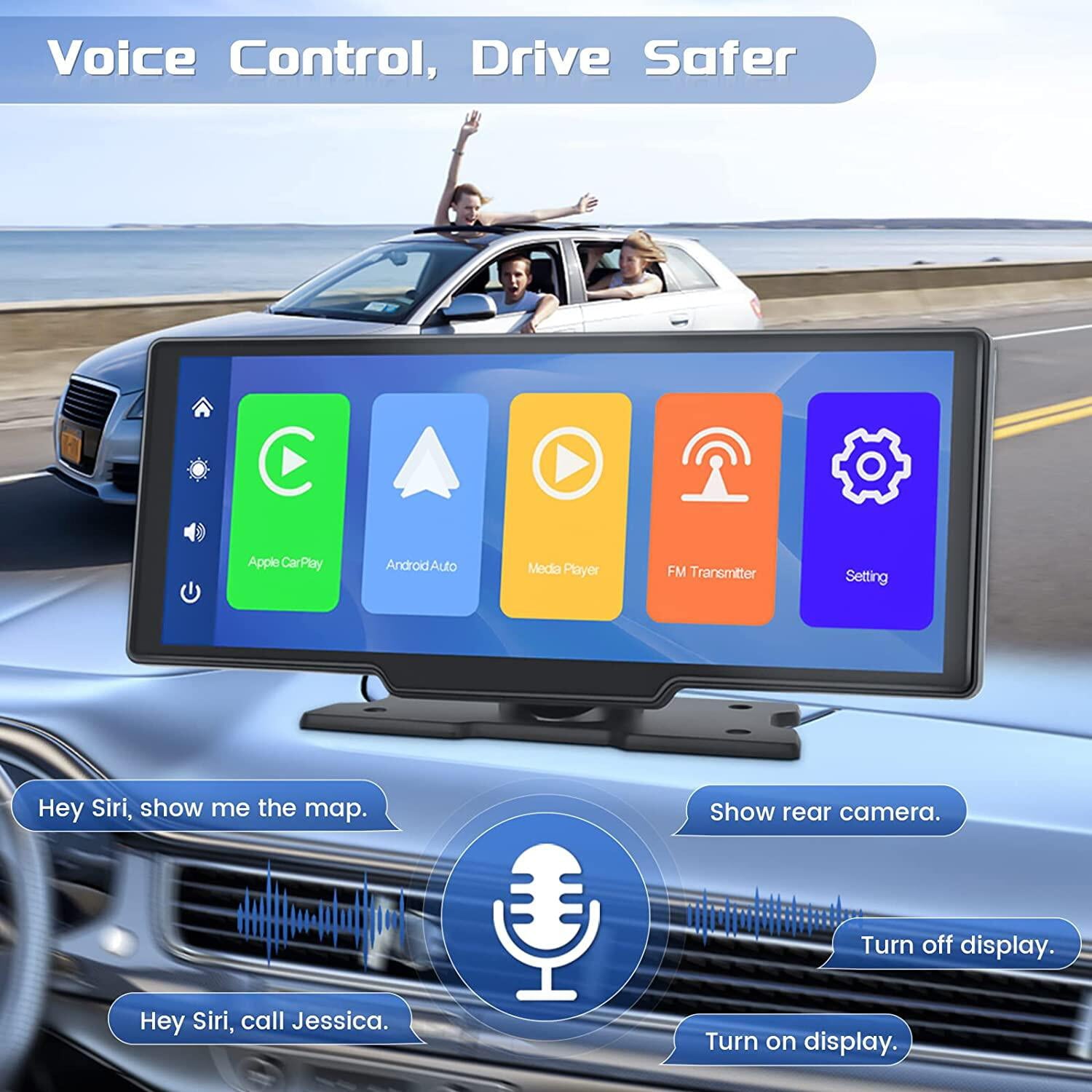 Podofo 7-32V 10.26" Portable Car Stereo Radio Wireless Carplay Android Auto HD Touch Screen Player FM Bluetooth Voice Control for (No Rearview Camera)
