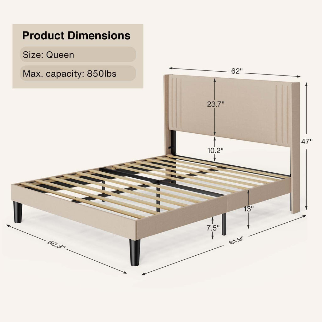 Aiho Queen Bed Frame with Wingback Headboard, Beige