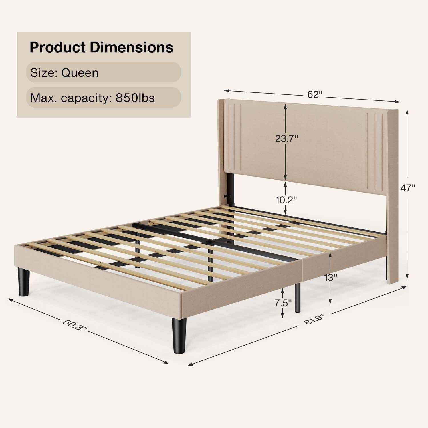Aiho Queen Bed Frame with Wingback Headboard, Beige